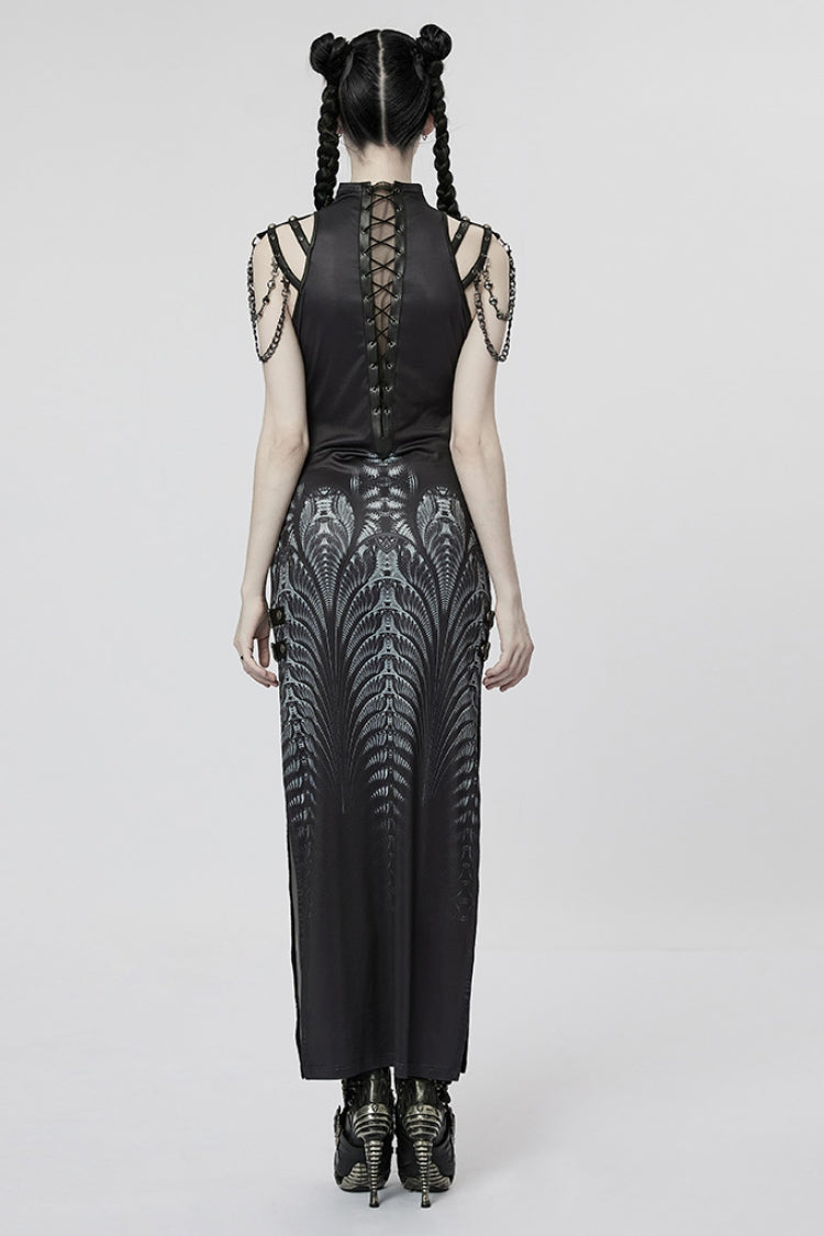 Black Print Lace-Up Side Slit Women's Gothic Dress with Chain - Product - 3