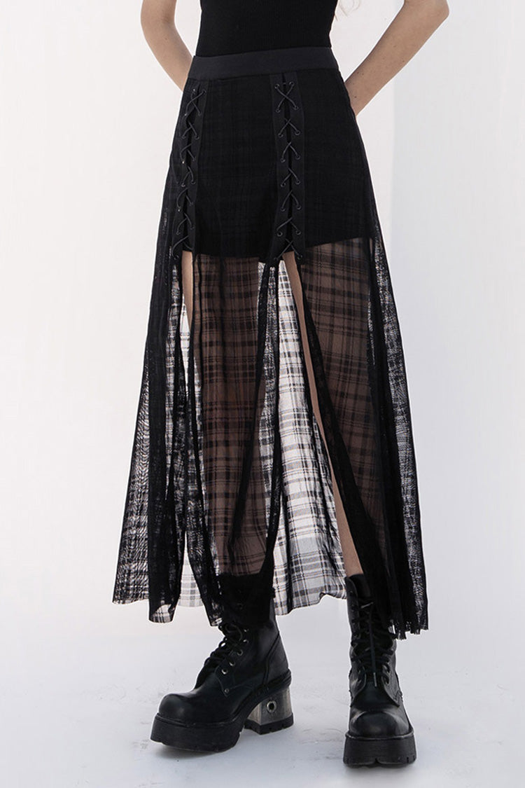 Black Front Metal Eyelets Lace-Up Slit Mesh Hem Women's Punk Skirt - Black - 1