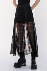 Black Front Metal Eyelets Lace-Up Slit Mesh Hem Women's Punk Skirt - Black - 1