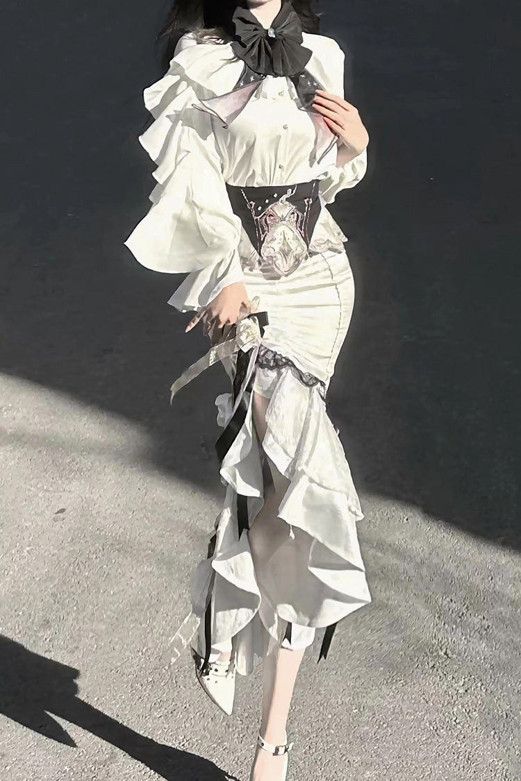 White [Star Gate] Jacquard Embroidery Bowknot Irregular Sweet Elegant Princess Lolita Skirt - Product - 12