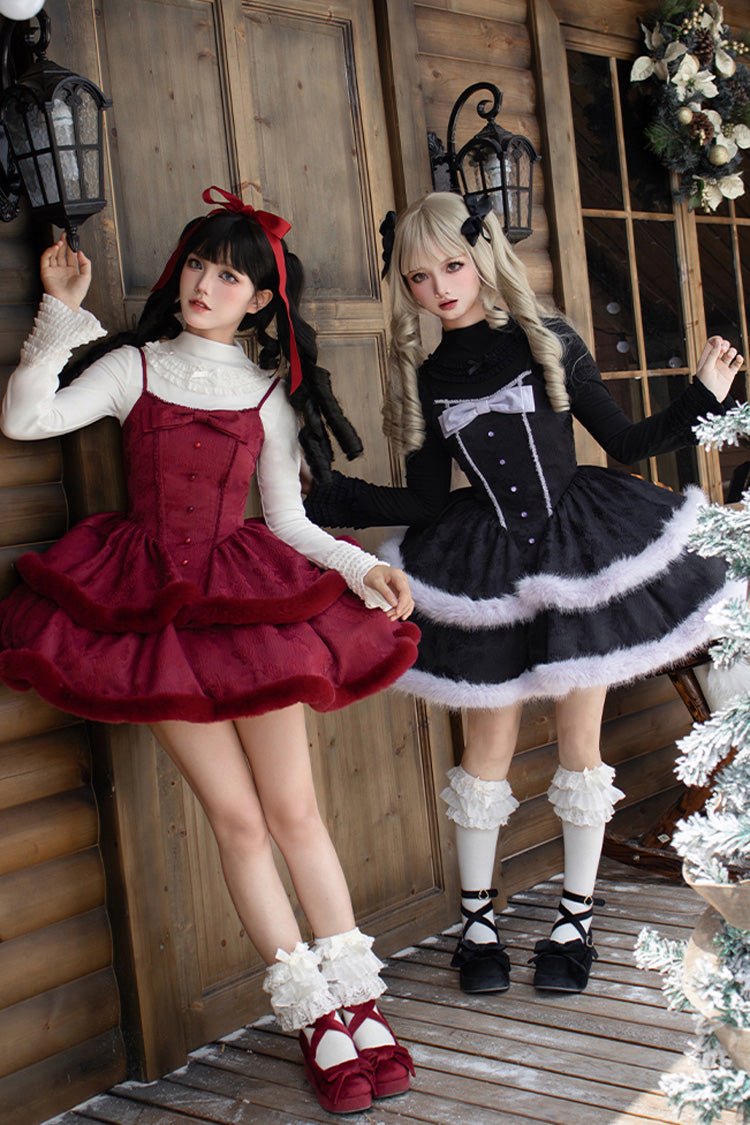[Winter's Wish] Double-Layered Jacquard Bowknot Furry Sweet Lolita Jsk Dress 2 Colors - Product - 12