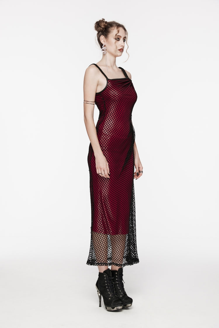 Red Off Shoulder Spliced Slim Mesh Strappy Eyelet Women's Gothic Jsk Dress - Product - 2
