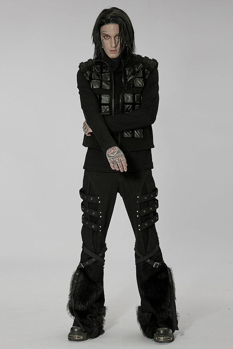 Black Punk High Collar Front Geometric Patterns Splicing Design Shoulder Padded Webbing Buckle Twill Men's Vest - Product - 3