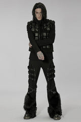 Black Punk High Collar Front Geometric Patterns Splicing Design Shoulder Padded Webbing Buckle Twill Men's Vest - Product - 3