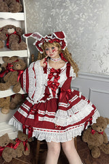 Wine Red [Rabbit Sleeping Doll] Long Trumpet Sleeves Ruffle Bowknot Lace Sweet Lolita Dress - Product - 4