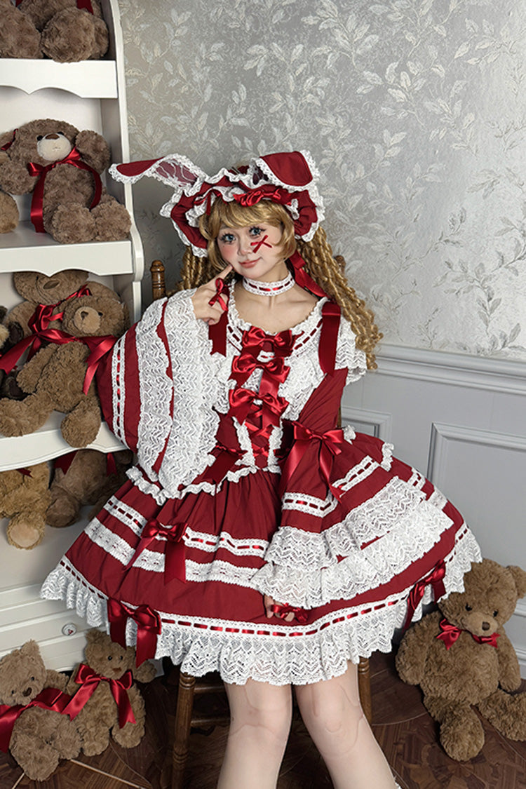 Wine Red [Rabbit Sleeping Doll] Long Trumpet Sleeves Ruffle Bowknot Lace Sweet Lolita Dress - Product - 4