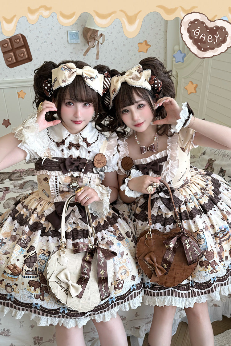 [Chocolate Cake Party] Square Collar Sleeveless Printed Ruffled Bow Daily Sweet Lolita Jsk Dress 2 Colors - Product - 7