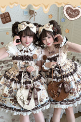 [Chocolate Cake Party] Square Collar Sleeveless Printed Ruffled Bow Daily Sweet Lolita Jsk Dress 2 Colors - Product - 7