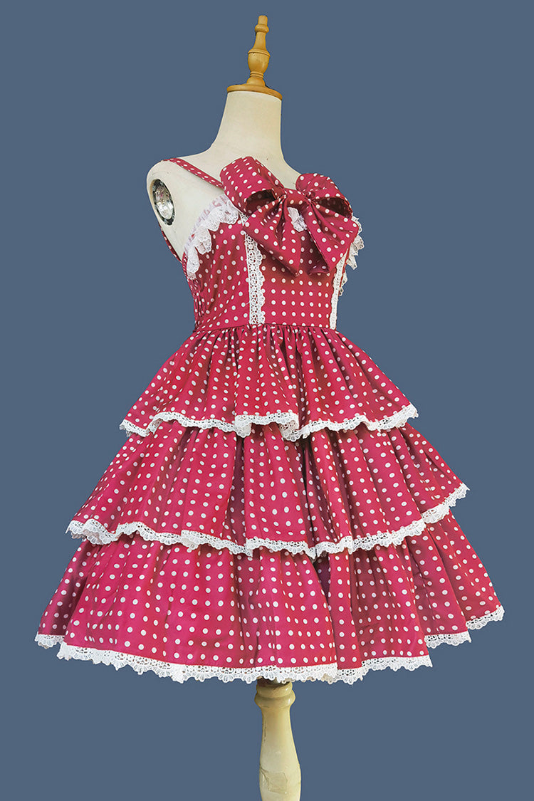 Red [Cloth Cat] Triple-Layered Polka Dots Print Ruffle Bowknot Sweet Lolita Dress - Product - 2