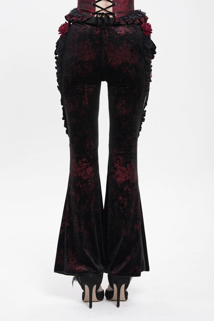 Black/Red  Ruffled Spliced Women's Gothic Floral Faux Leather&Velvet Ruffle Pants - Product - 10