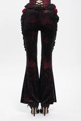 Black/Red  Ruffled Spliced Women's Gothic Floral Faux Leather&Velvet Ruffle Pants - Product - 10