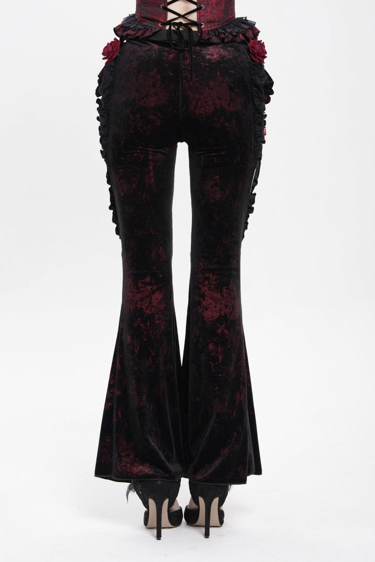 Black/Red  Ruffled Spliced Women's Gothic Floral Faux Leather&Velvet Ruffle Pants - Product - 10