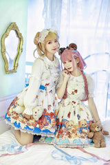 Honey Bear Cafe Print Bowknot Lace Sweet Lolita Jsk Dress 2 Colors - White - 1