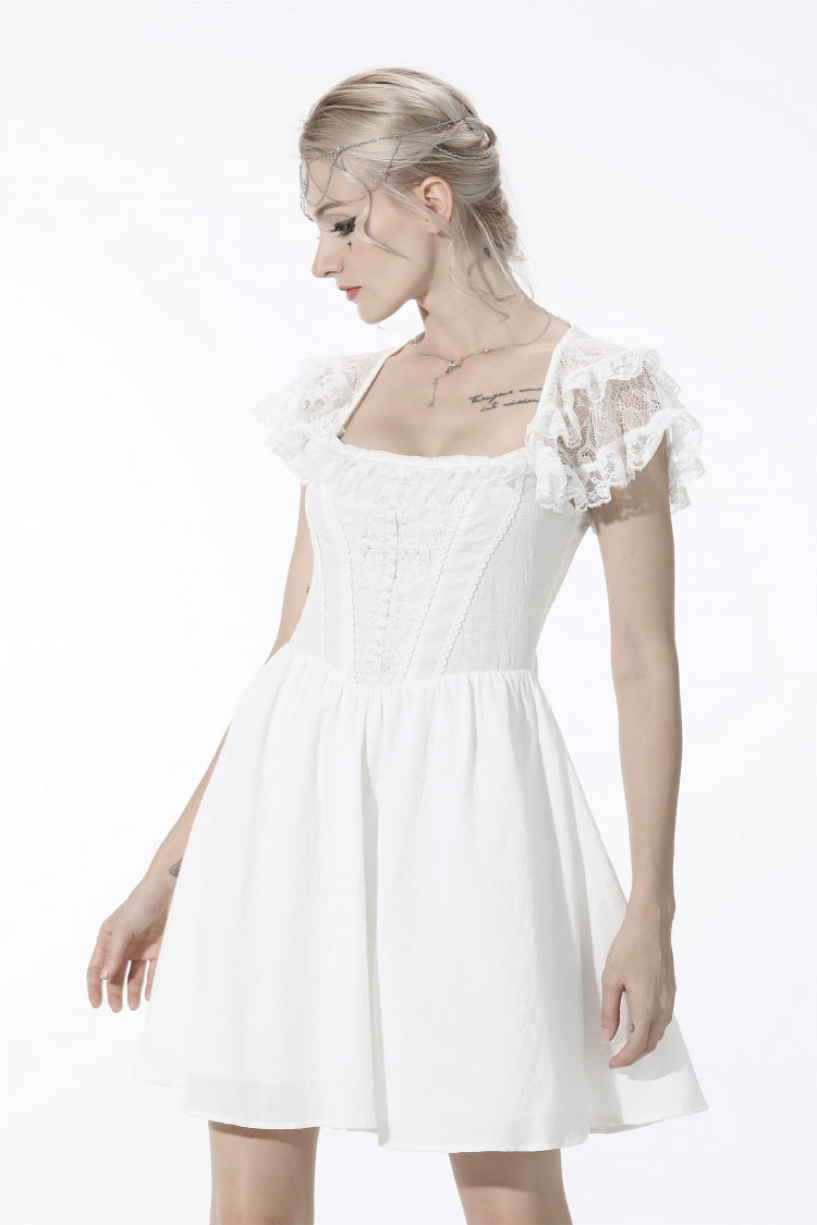 White Layered Lace Square Collar Strappy Women's Gothic Mini Graduation Dress - Product - 2