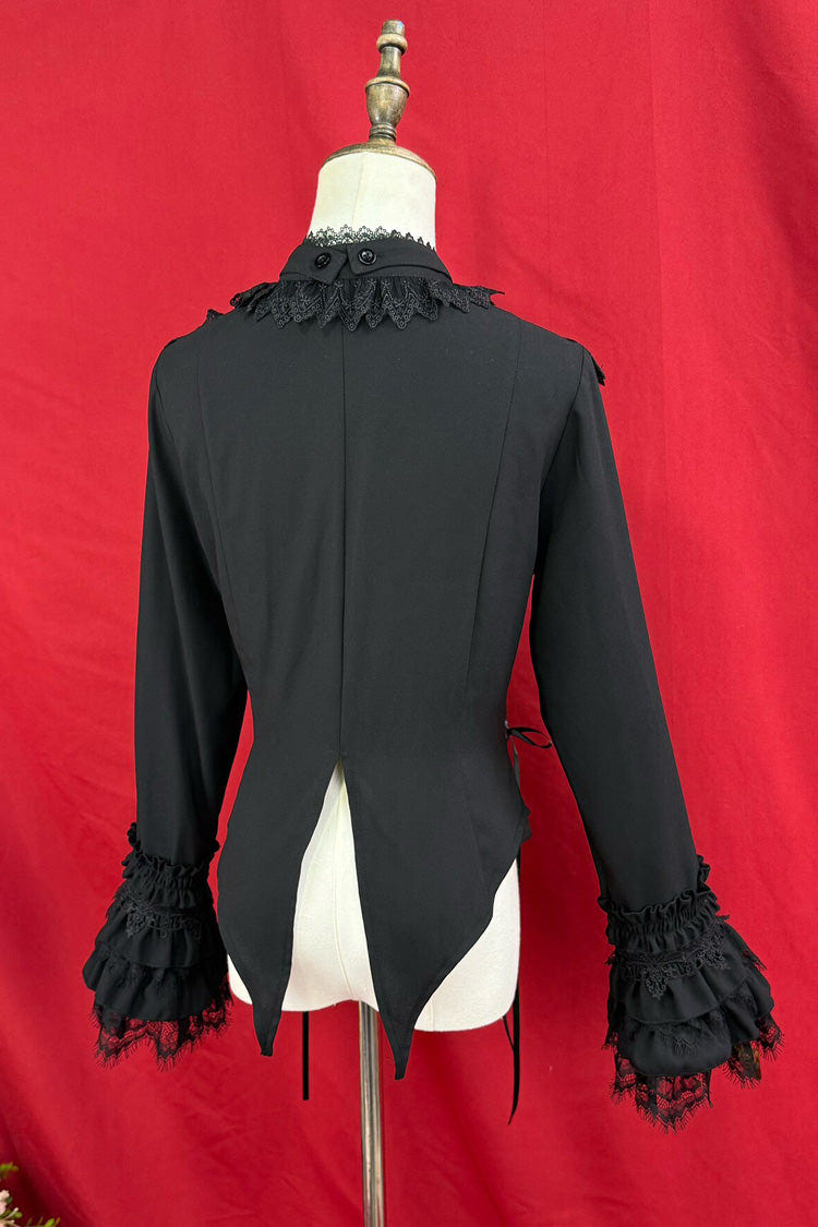 [Broken-Wing Bat] Stand Collar Long Trumpet Sleeves Ruffled Bow Lace-Up Gothic Elegant Lolita Blouse 2 Colors - Product - 4
