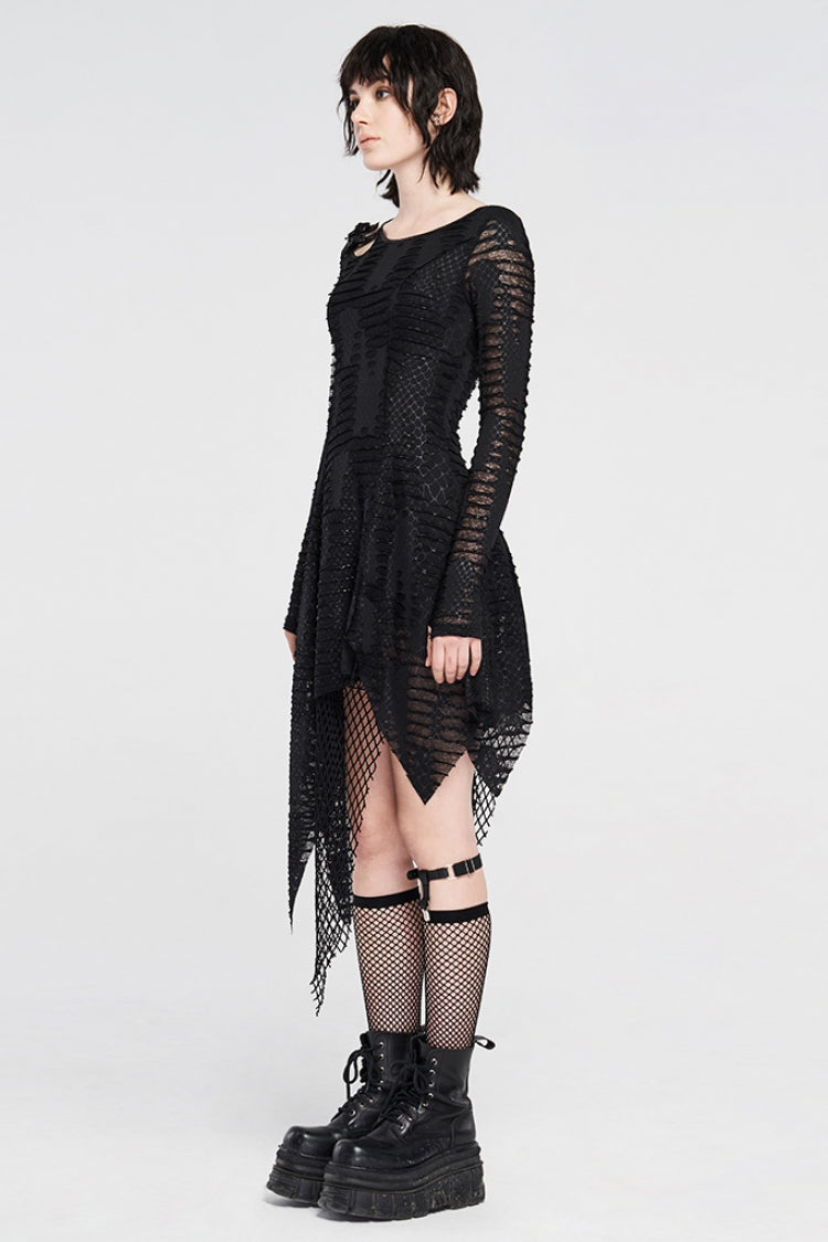 Black Hollow Irregular Ripped Women's Gothic Dress - Product - 2