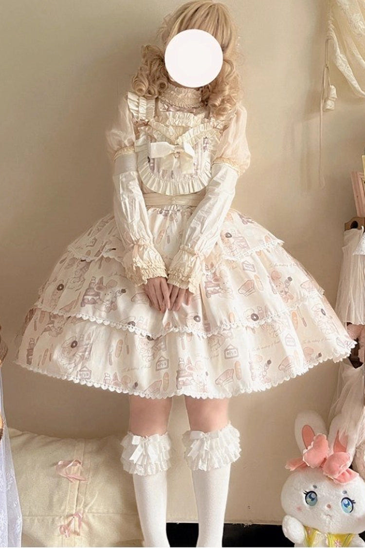 Beige Sleeveless Triple-Layered Print Ruffle Bowknot Sweet Plus Size Lolita Jsk Dress - Beige - 1