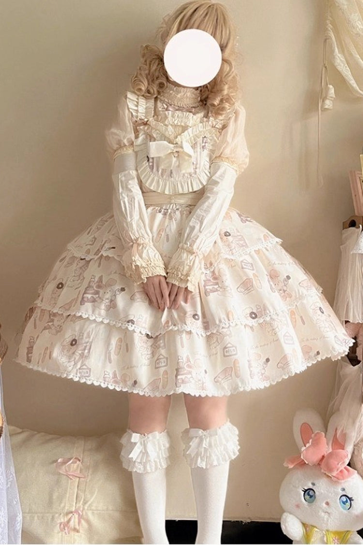Beige Sleeveless Triple-Layered Print Ruffle Bowknot Sweet Plus Size Lolita Jsk Dress - Beige - 1