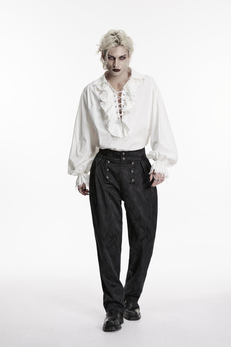 White Lapel Collar Long Lantern Sleeves Ruffled Lace-Up Women's Men's Gothic Luxurious Balletcore Shirt - Product - 3