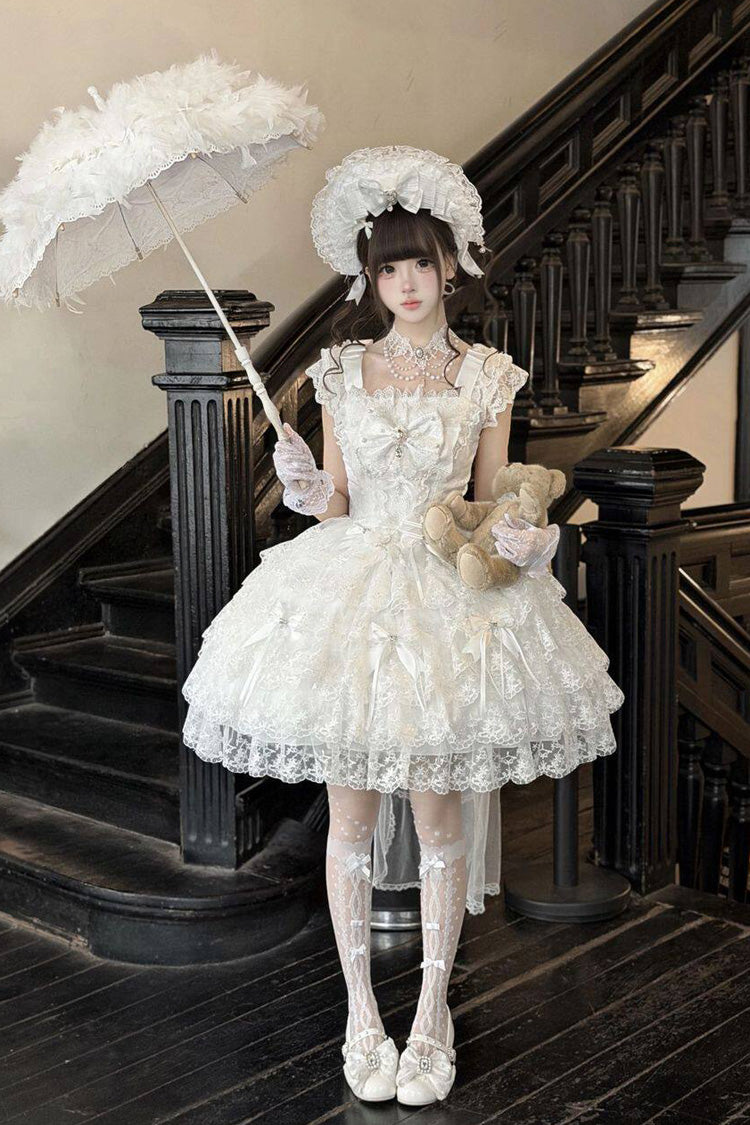 White [Featherlight Slumber] Square Collar Sleeveless Multi-Layered Bow Lace Pearl-Decorated Gothic Lolita Jsk Dress - Product - 6