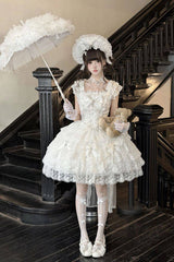 White [Featherlight Slumber] Square Collar Sleeveless Multi-Layered Bow Lace Pearl-Decorated Gothic Lolita Jsk Dress - Product - 6
