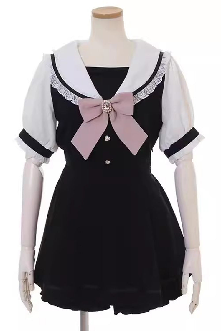 Jirai Kei Short Sleeves Bowknot Lace Sweet Dress Set 4 Colors - Black - 2