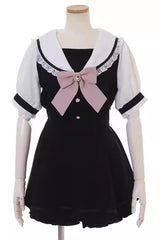 Jirai Kei Short Sleeves Bowknot Lace Sweet Dress Set 4 Colors - Black - 2