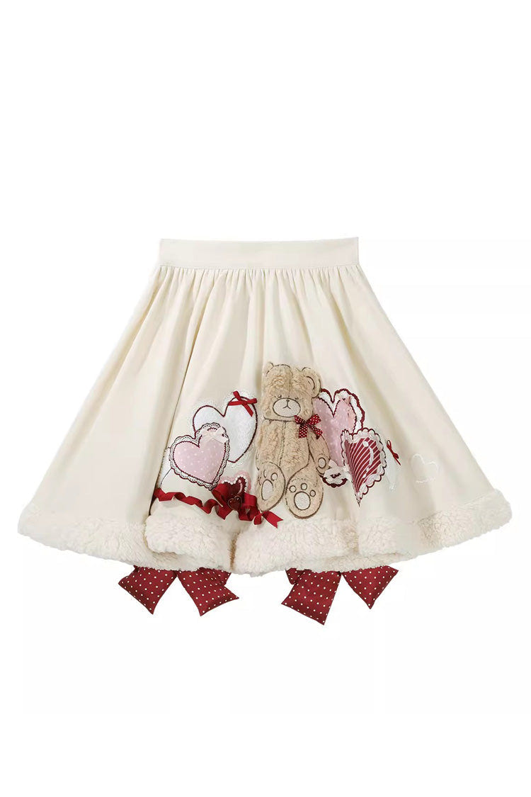 Red [New Year] Long Sleeves Embroidered Bow Lace Sweet Lolita Skirt and Rabbit Ears Cloak Set - Skirt - 15