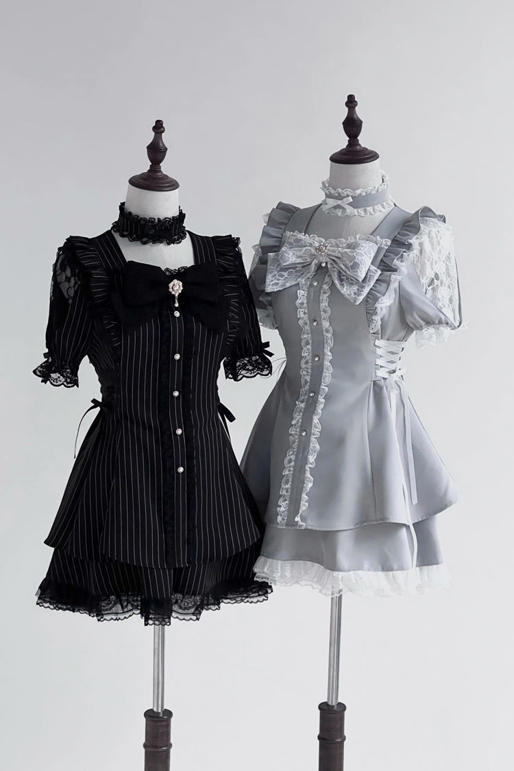 Black [Waltz] Short Sleeves Stripe Print Ruffle Bowknot Gothic Jirai Kei Japanese Dress Set - Product - 7