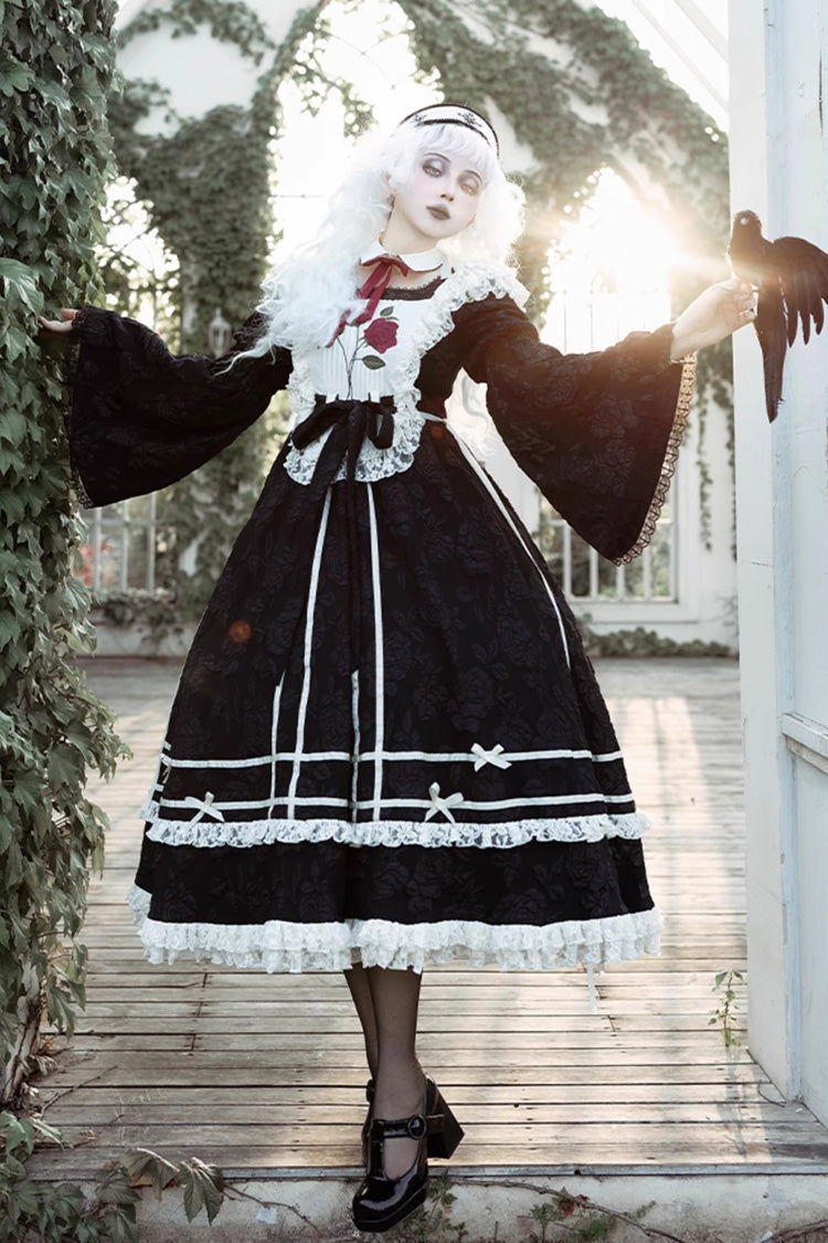 Black [Rose Choir] Double-Layered Ruffle Embroidery Bowknot Lace Gothic Elegant Nun Lolita Dress - Black - 1