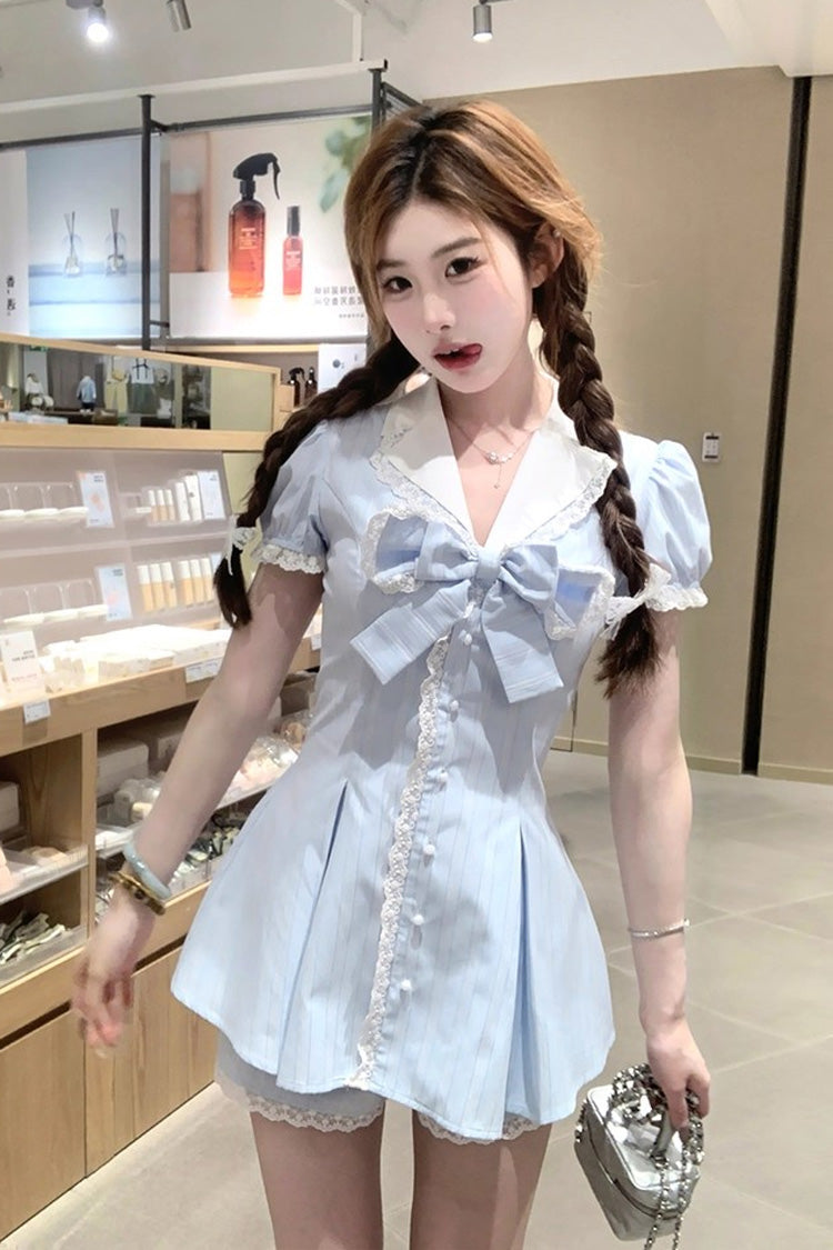 Aqua V Collar Short Puff Sleeves Stripe Print Ruffle Bowknot Sweet Jirai Kei Dress - Product - 2
