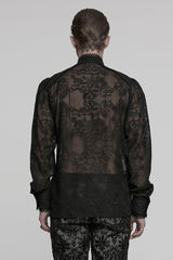 Black Stand Collar Chiffon Long Sleeves Hollow Embroidery Men's Gothic Blouse - Product - 3