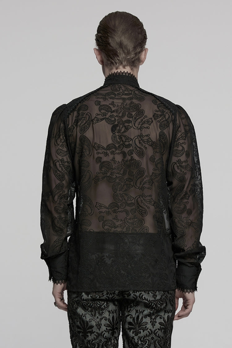 Black Stand Collar Chiffon Long Sleeves Hollow Embroidery Men's Gothic Blouse - Product - 3