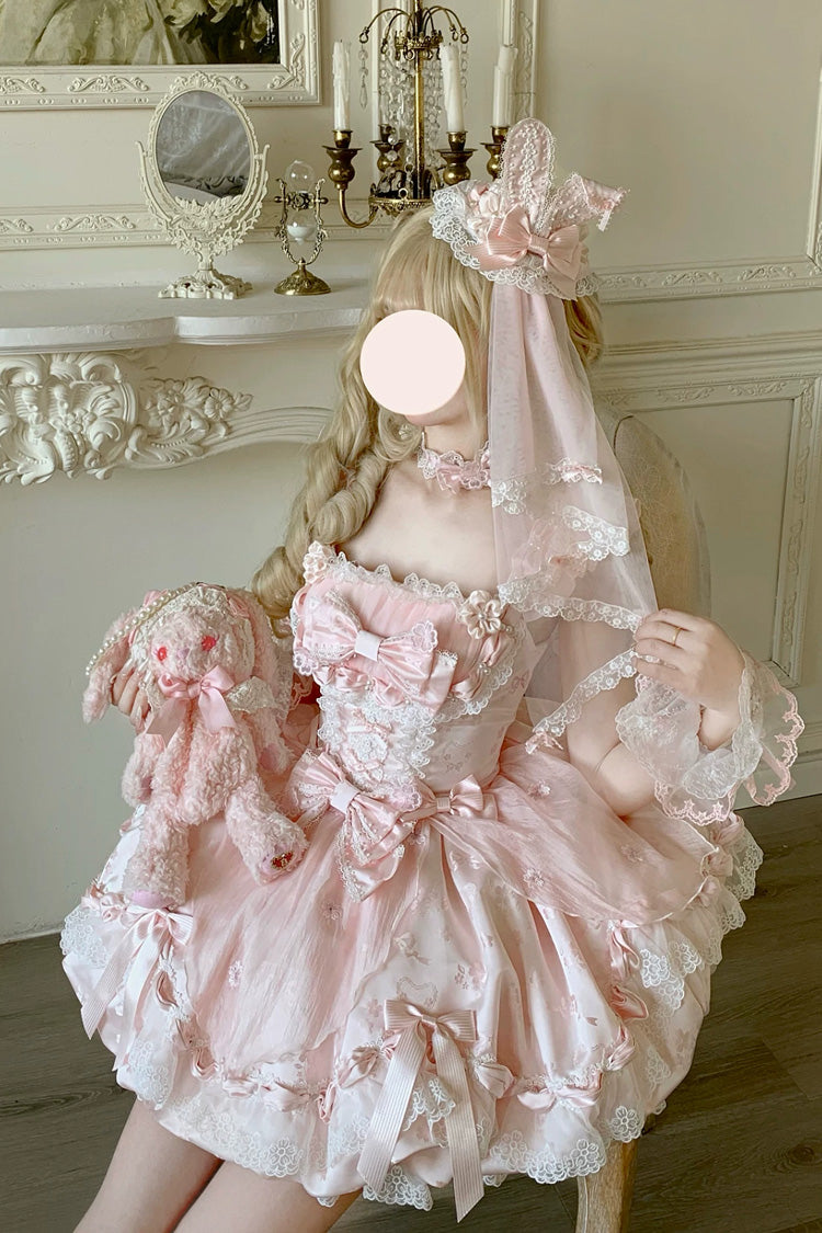 Pink [Sakura Bunny Ballad] Square Collar Flutter Sleeves Jacquard Ruffled Bow Lace Sweet Elegant Luxurious Short Lolita Jsk Dress - Product - 3