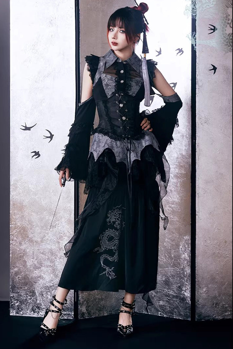 [Sky Dragon] Round Collar Printed Embroidered Lace-Up Gothic Chinese Style Lolita Skirt Set 2 Colors - Black/Grey - 9