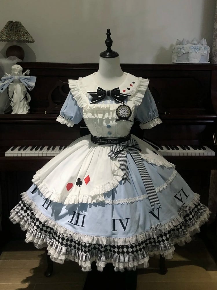 Blue & White Alice in Wonderland Sweet Lolita Dress + Apron detail view 2