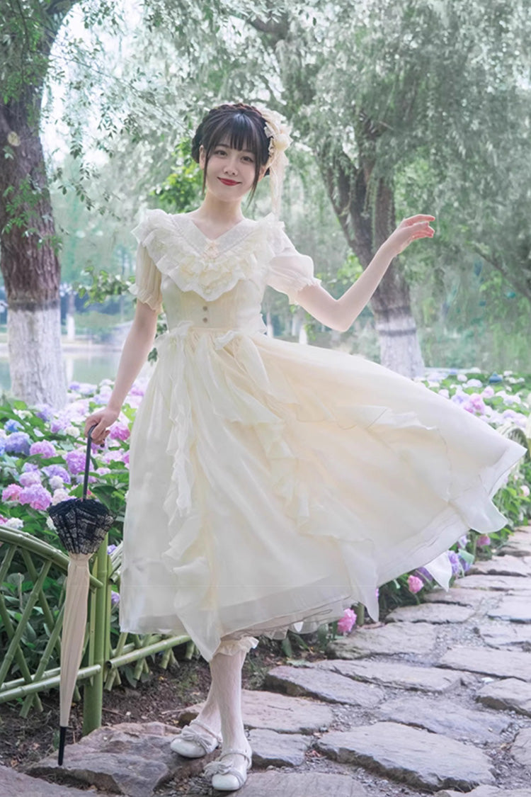 White V-Neck Lace Cla Daily Short Puff Sleeves Sweet Lolita Dress - Product - 2
