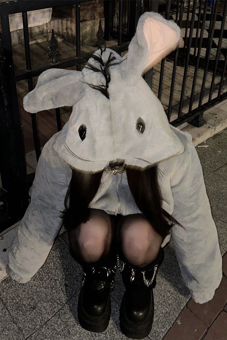 Grey Mouse Ears and Tail Long Sleeves Punk Jirai Kei Japanese Plush Coat - Product - 2