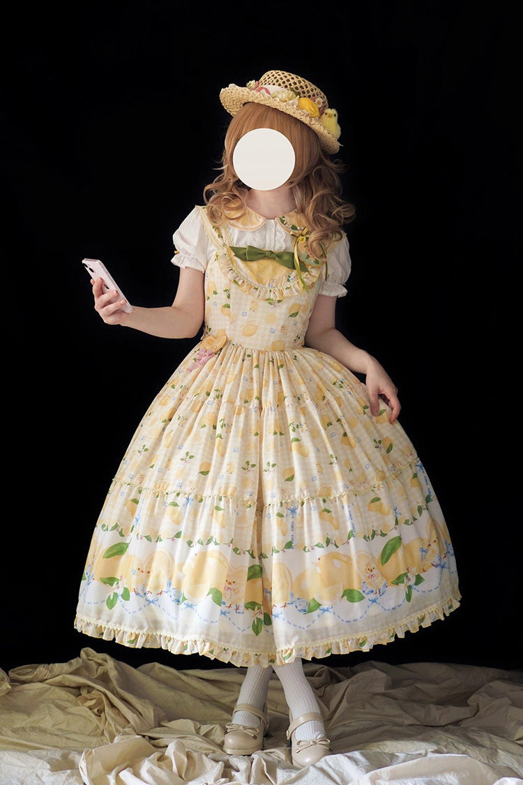 Yellow [Lemon Chicken] Print Ruffle Bowknot Lace Sweet Lolita Jsk Long Dress - Yellow - 1