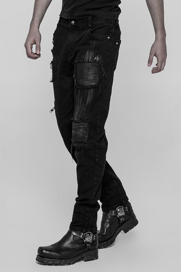 Black Hand-Painted Crafts Stitching Ripped Men's Steampunk Jeans Pants - Product - 2
