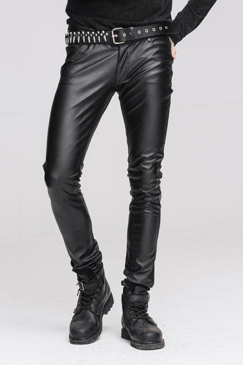 Black Wear Synthetic Leather Basic Model Punk Tight Mens Pants - Black - 1