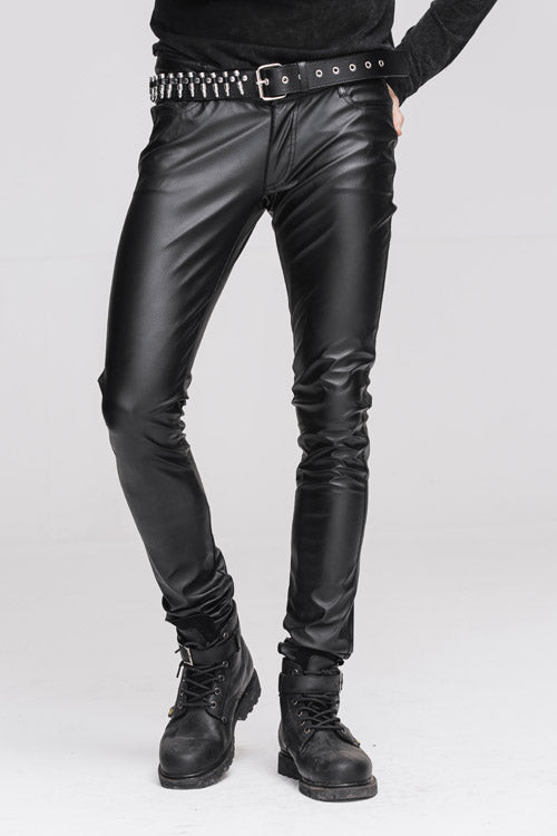 Black Wear Synthetic Leather Basic Model Punk Tight Mens Pants - Black - 1