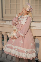 Pink [Cross Wish Dream] Long Sleeves Bowknot Lace-Up Sweet Lolita Tiered Dress - Pink - 1