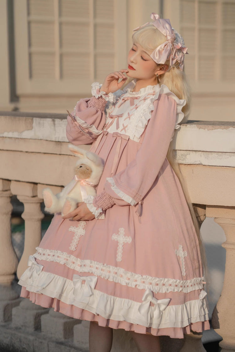 Pink [Cross Wish Dream] Long Sleeves Bowknot Lace-Up Sweet Lolita Tiered Dress - Pink - 1