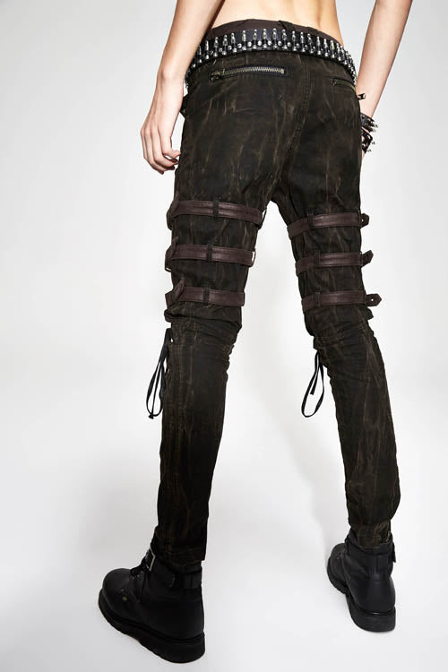 Brown Steampunk Multi Loops Embroider Lace Up Mens Pants - Product - 4