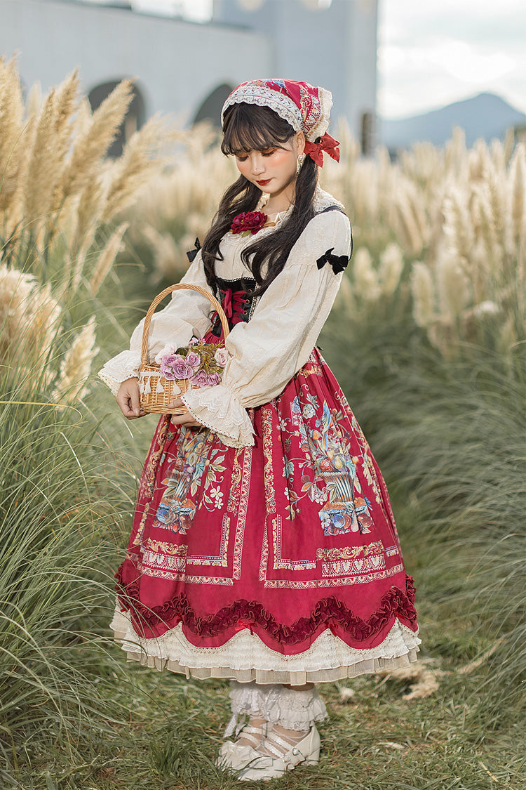 Wine Red [Ode to Plenty] Berries and Birds Print Ruffle Bowknot Velvet Classic Lolita Breast Support Jsk Dress - Product - 2