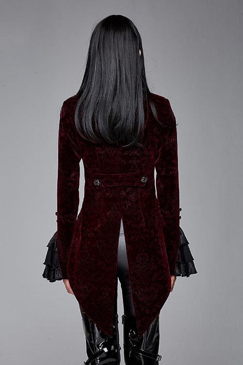 Red Jacquard Velvet Womens Swallow Tailed Gothic Coats - Product - 3