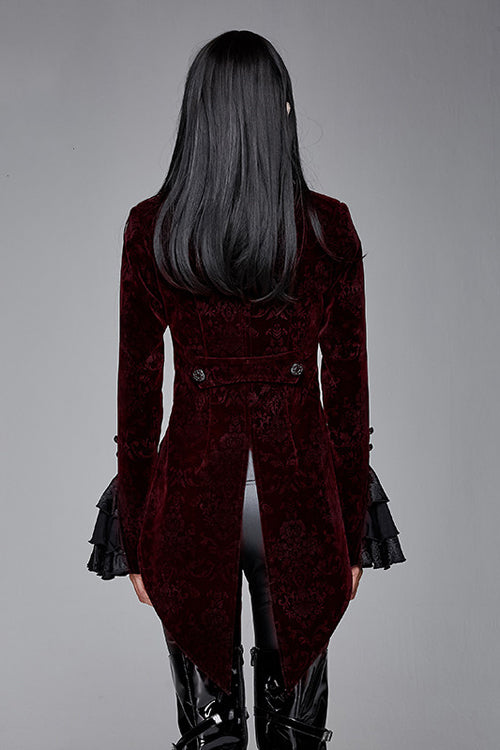 Red Jacquard Velvet Womens Swallow Tailed Gothic Coats - Product - 3