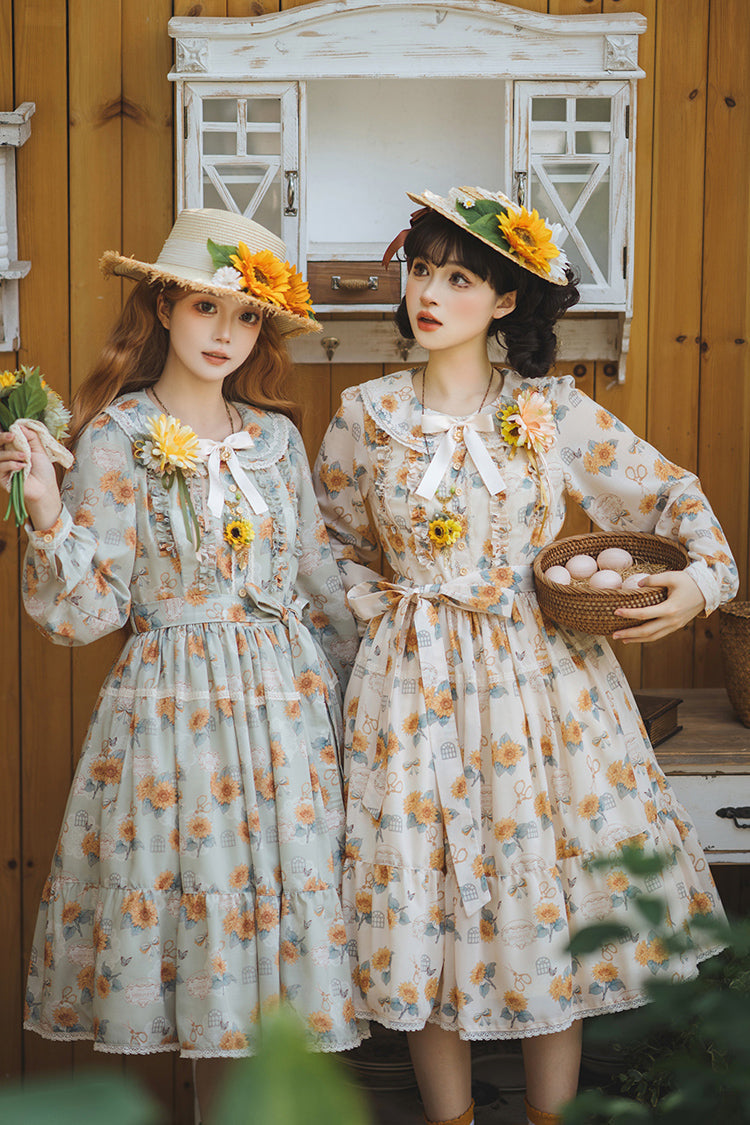 Green [Gardening Sunflower] Long Sleeves Print Ruffle Bowknot Sweet Elegant Lolita Dress - Product - 6