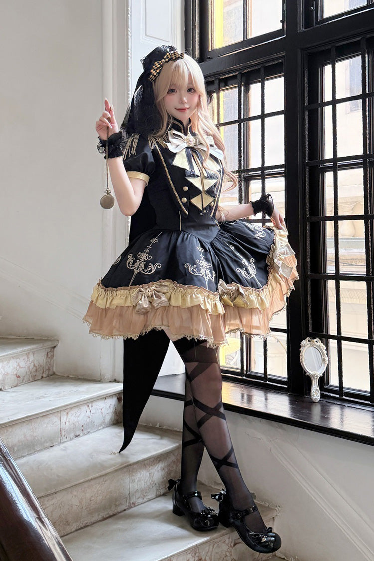 Black [Gilded Oath] Short Sleeves Double-Layered Ruffle Embroidery Bowknot Gothic Lolita Dress - Product - 12